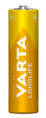 Eine Varta Longlife AA-Batterie. Sie ist gelb und orange mit weißem Text. Sie hat ein positives Ende und ein Alkaline-Etikett.
