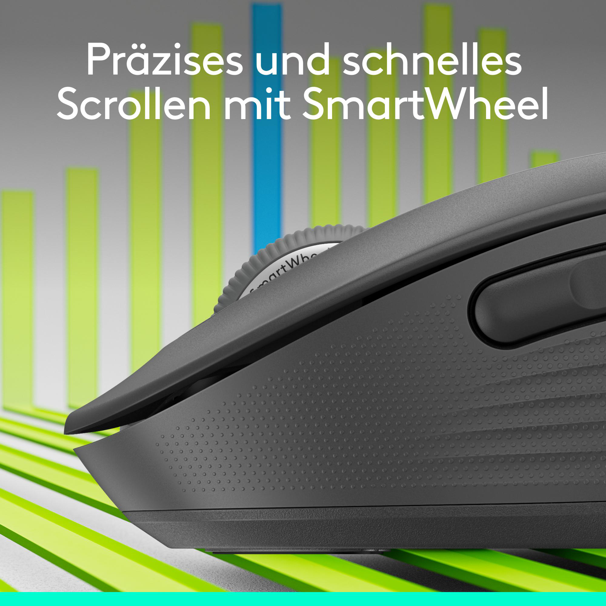 Nahaufnahme einer schwarzen Computermaus mit Scrollrad. Hintergrund mit grünen und blauen Balken.