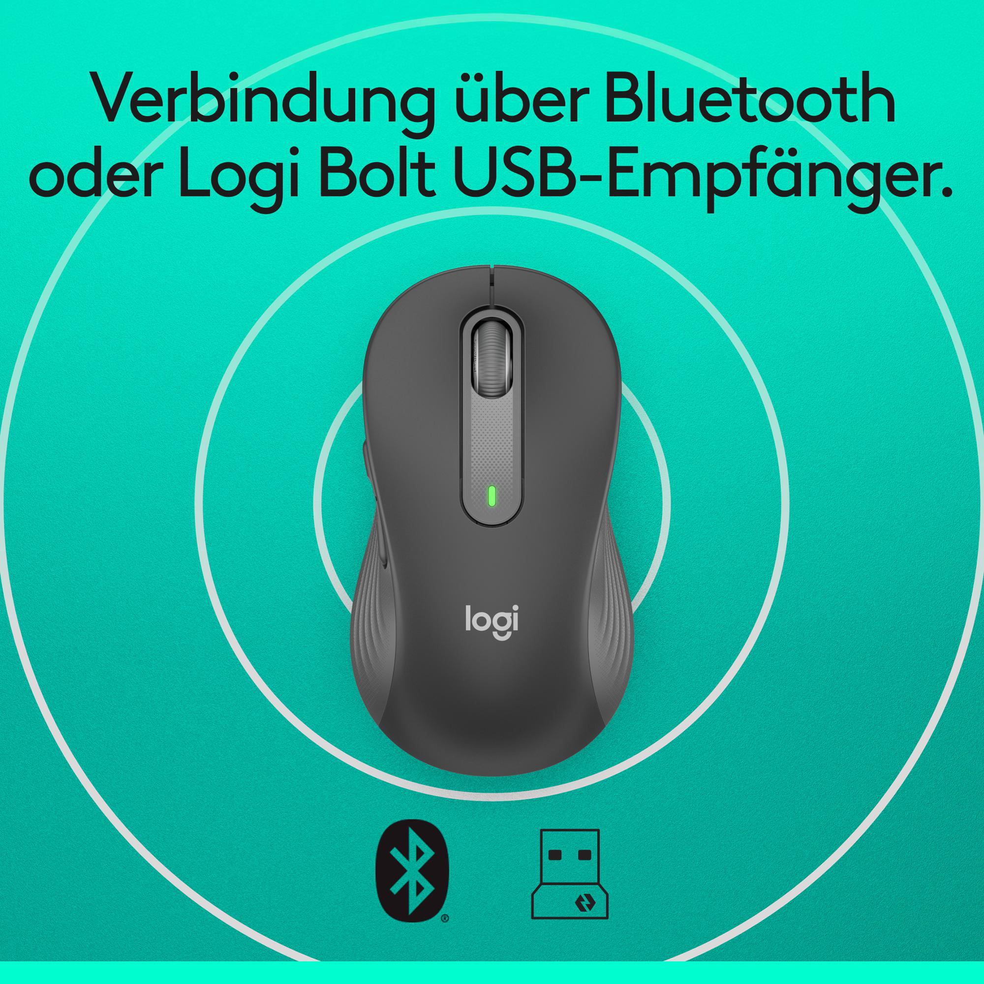 Graue Logitech-Maus auf türkisem Hintergrund. Sie hat Bluetooth- und USB-Symbole.
