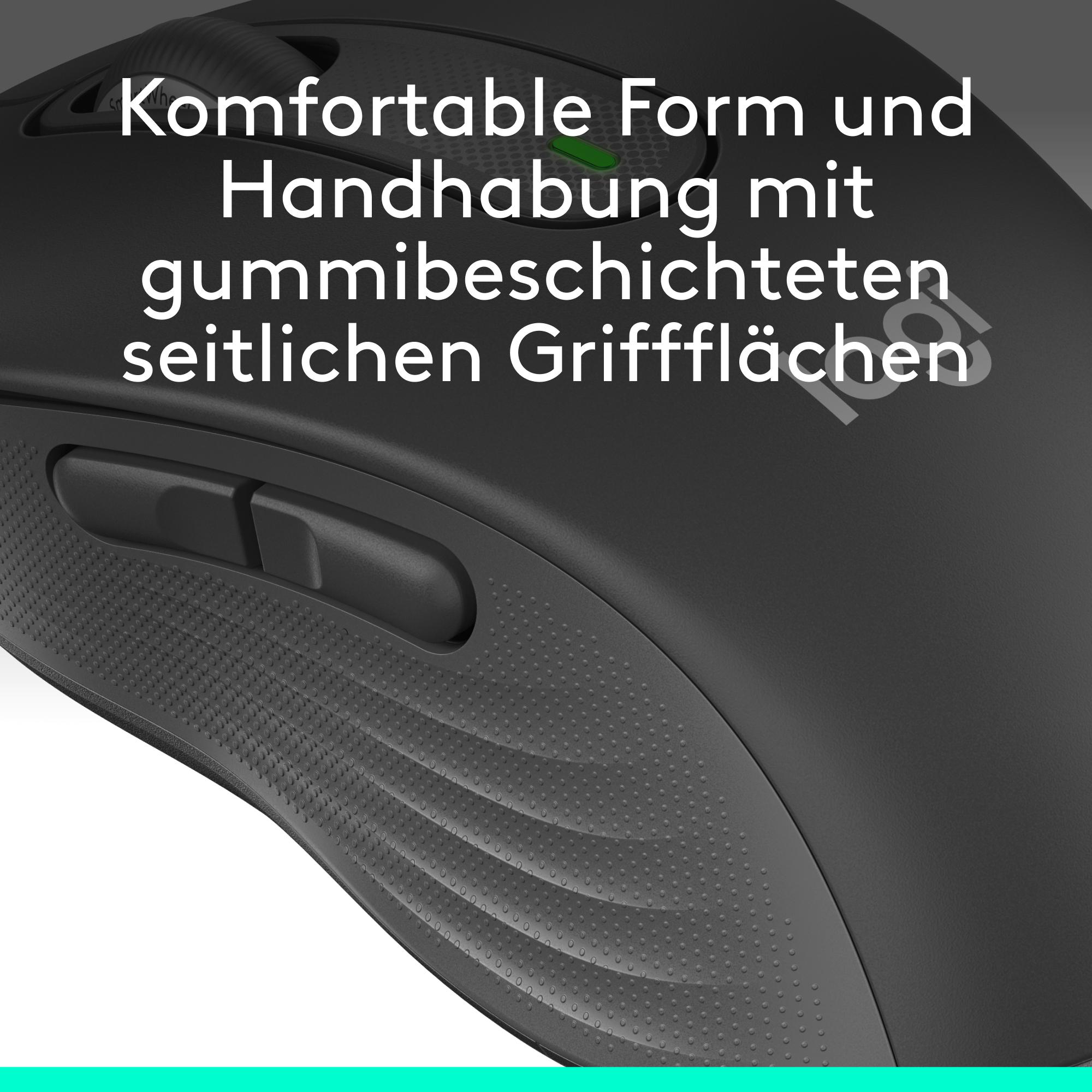 Nahaufnahme einer schwarzen Maus mit strukturierter Grifffläche und zwei Seitentasten, mit deutschem Text.