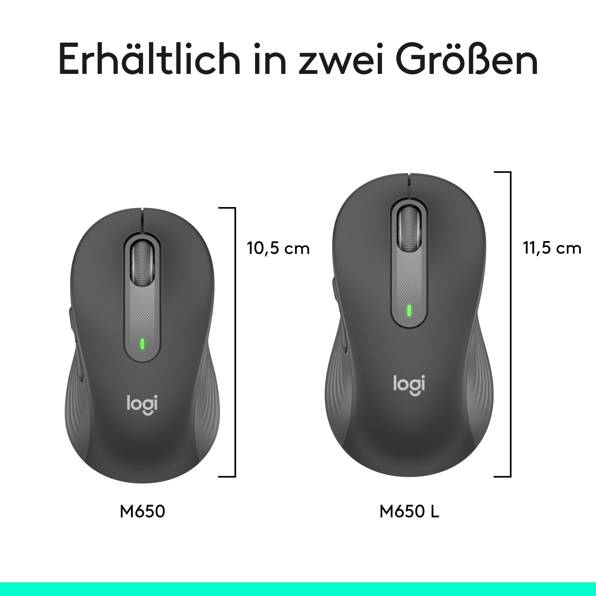 Das Bild zeigt zwei Logitech M650-Mäuse, eine kleinere und eine größere, mit Größenvergleichen und dem Text 'Erhältlich in zwei Größen'.