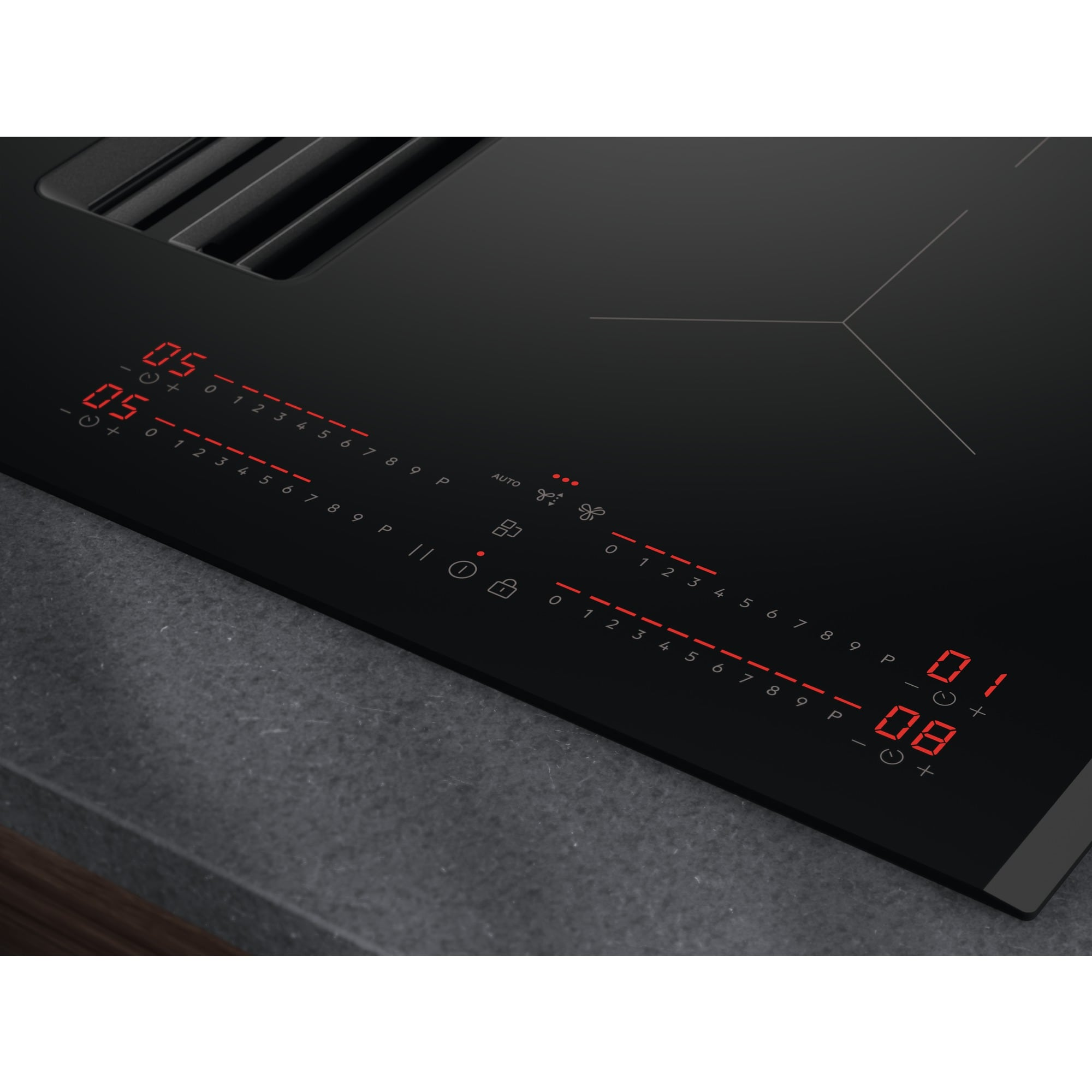 Placa de inducción negra con pantallas digitales rojas. Muestra números, ajustes y símbolos. Encimera gris oscuro a la vista.
