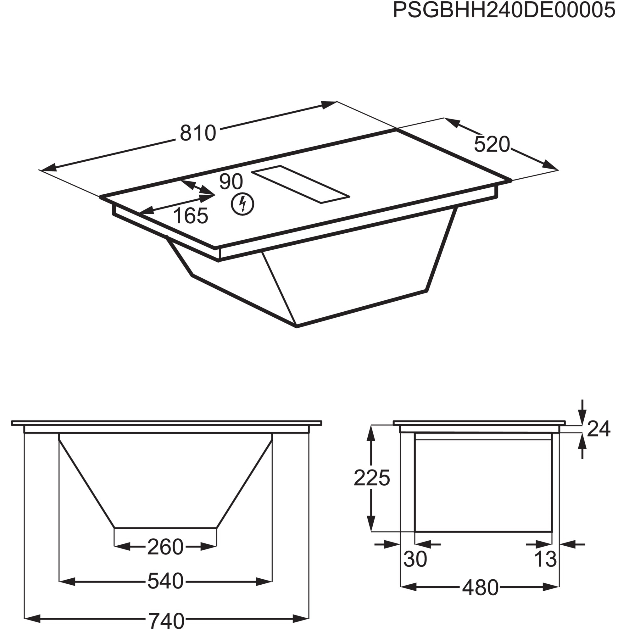 Dibujo técnico de un electrodoméstico de cocina con dimensiones. Vistas y medidas clave.