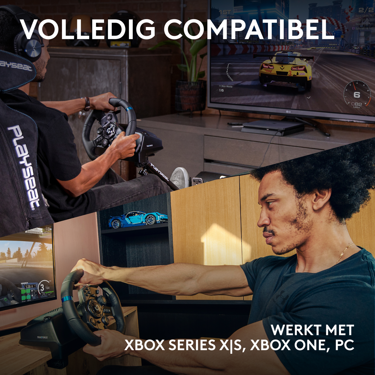 Afbeelding toont twee mensen die racesturen gebruiken. Eén draagt een koptelefoon. Een tv toont een autoracegame. Tekst luidt 'VOLLEDIG COMPATIBEL'.