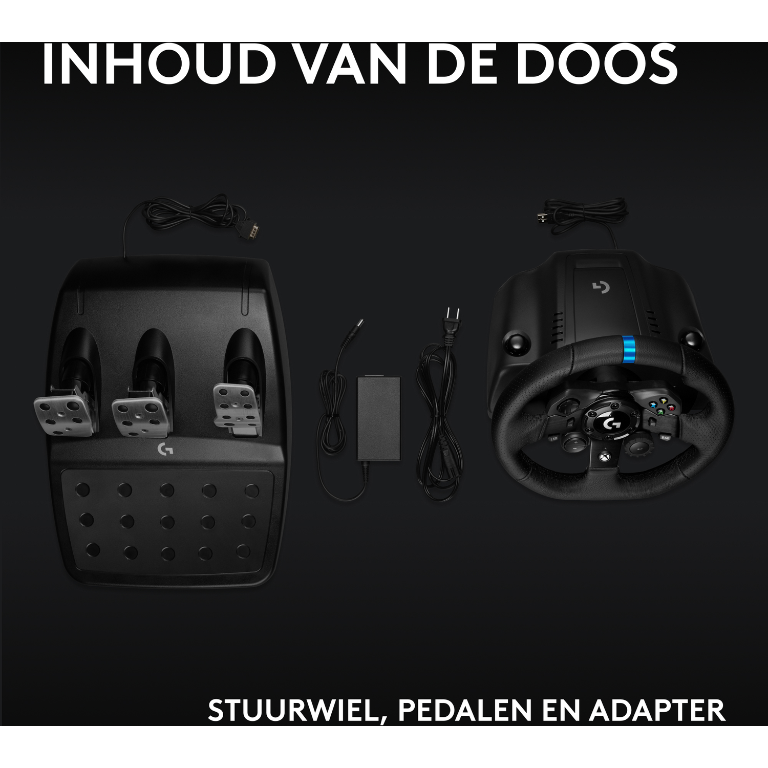 De afbeelding toont een stuur, pedalen en een adapter. De set is zwart, met de tekst 'INHOUD VAN DE DOOS' bovenaan.