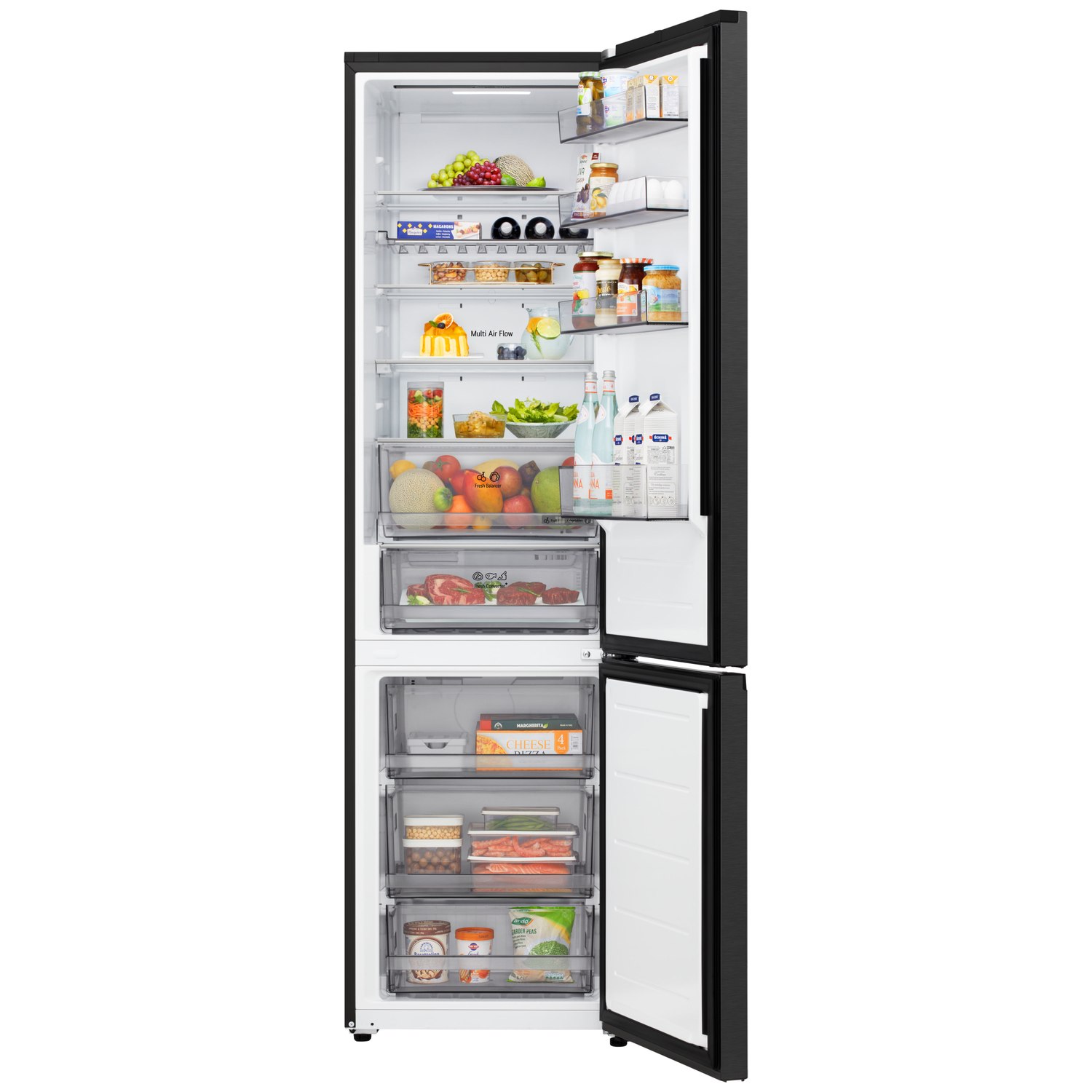 Open refrigerator filled with food: fruits, vegetables, drinks, and frozen items. Black exterior with white interior. Shelves are well-stocked.