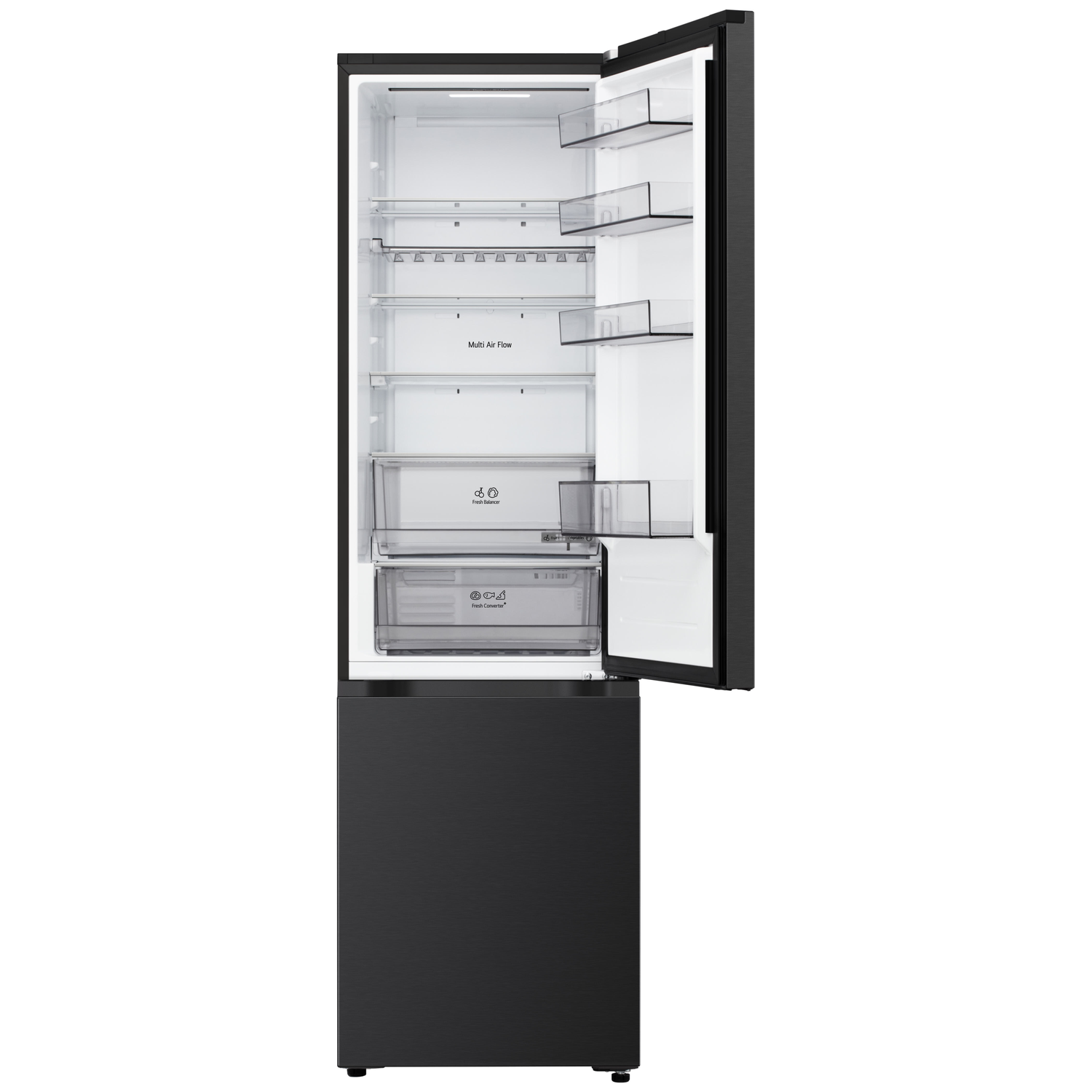 Black refrigerator with open doors, showing shelves and drawers. The interior is white, and the exterior is dark.