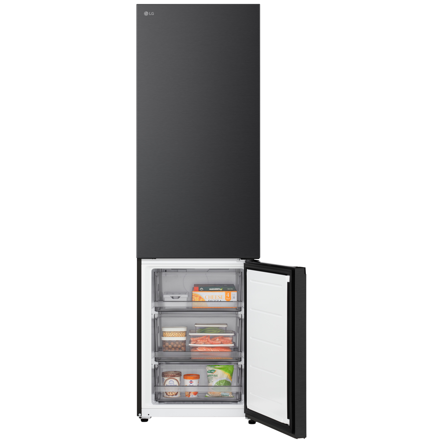 Black LG refrigerator, door open revealing shelves with food. Pizza box, frozen peas, and other items are visible.