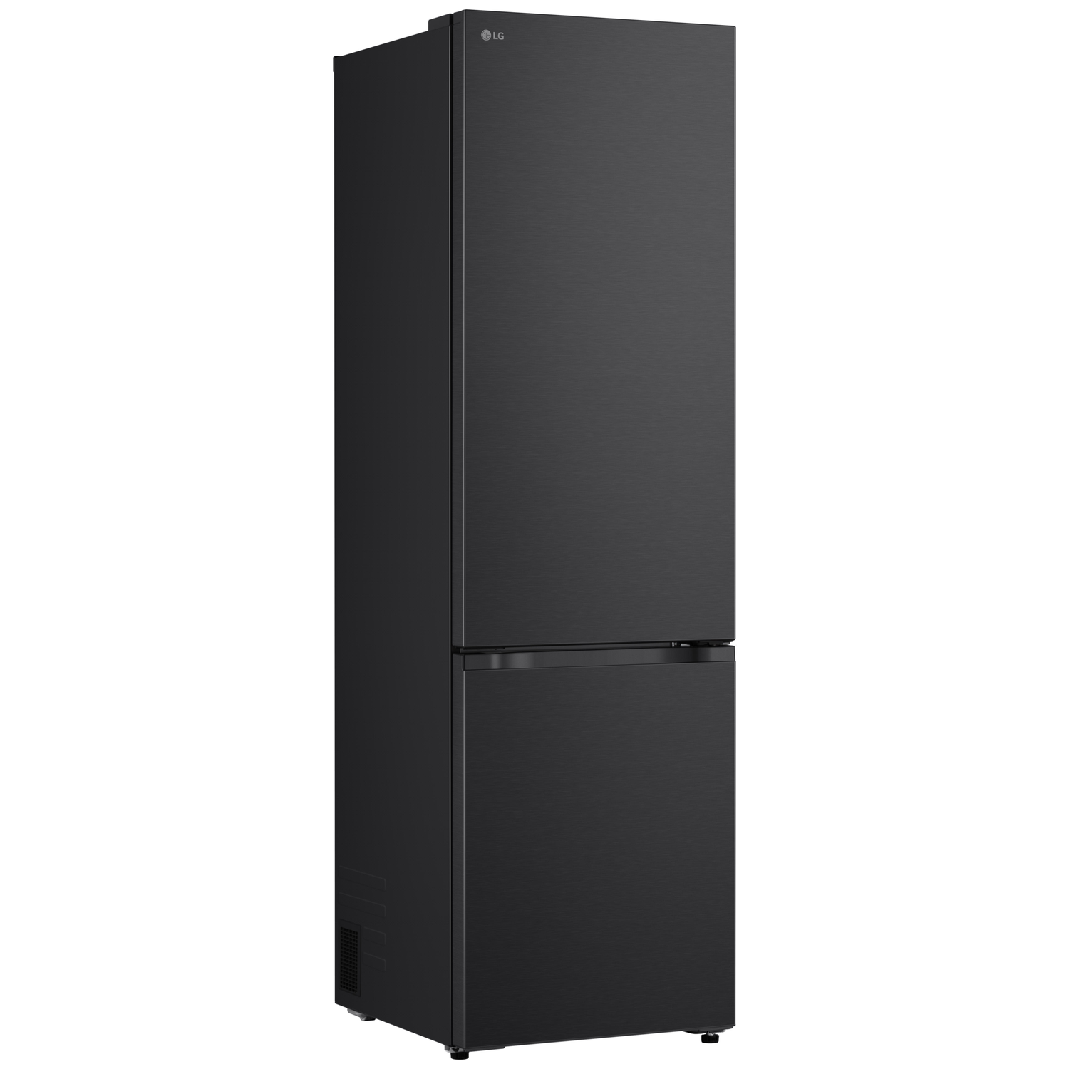 A black LG refrigerator. The top section is a door, the bottom is a drawer. LG logo on top right.