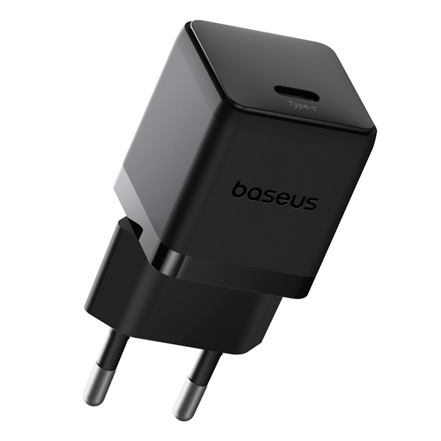 Un cargador de pared Baseus Type-C negro. Tiene dos clavijas y un puerto Type-C.