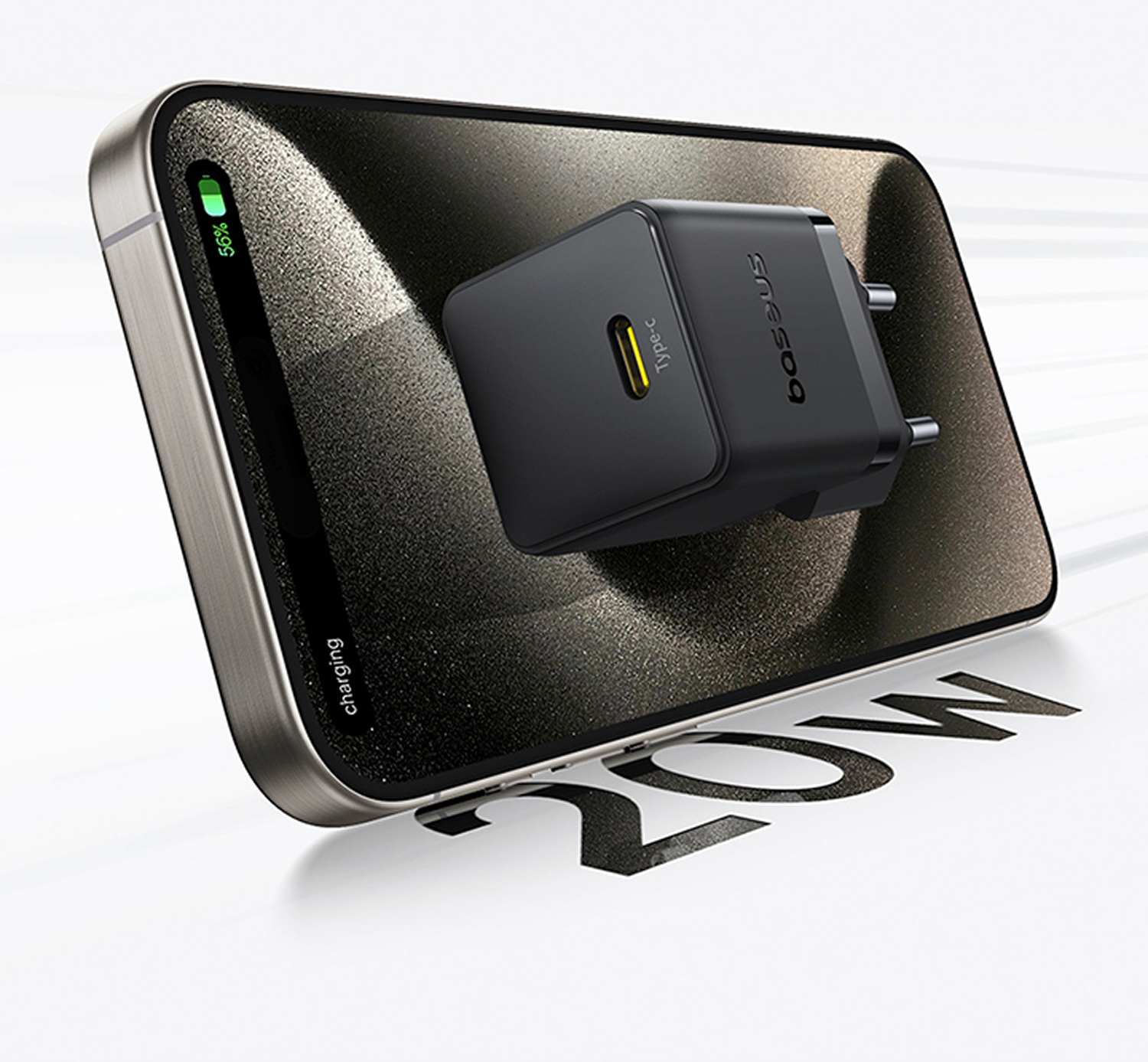 Un cargador negro está enchufado a un teléfono que muestra un porcentaje de carga. El cargador dice 'Baseus' y 'Type-C'.