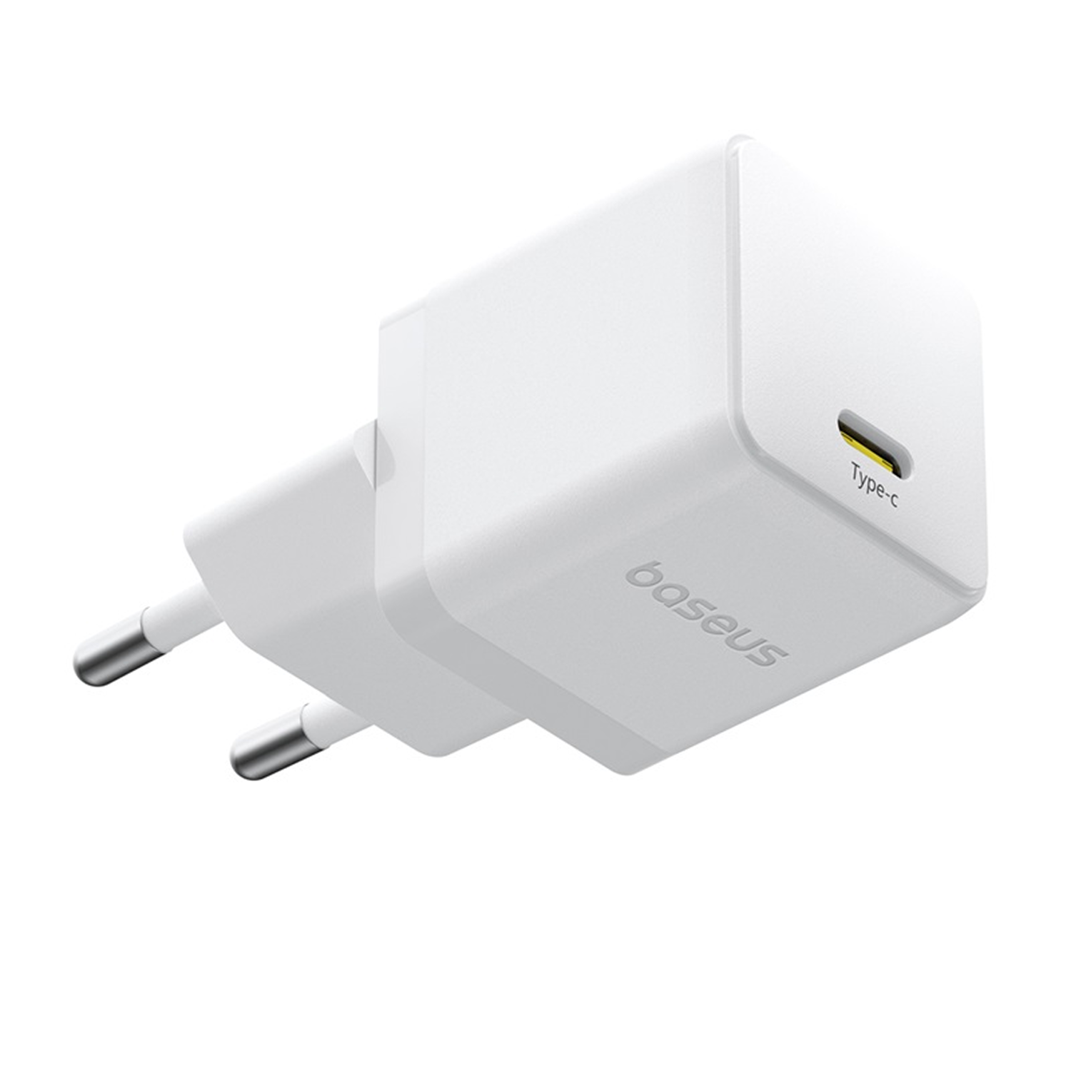 Un cargador Baseus Type-C blanco. Tiene dos clavijas metálicas y el nombre de la marca en el lateral. El puerto Type-C es amarillo.