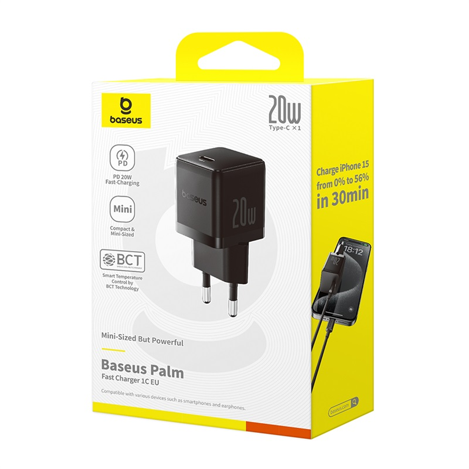 Caja del cargador Baseus Palm. Cargador negro dentro, teléfono cargando. Texto: 20W, carga rápida, mini y dispositivos compatibles.