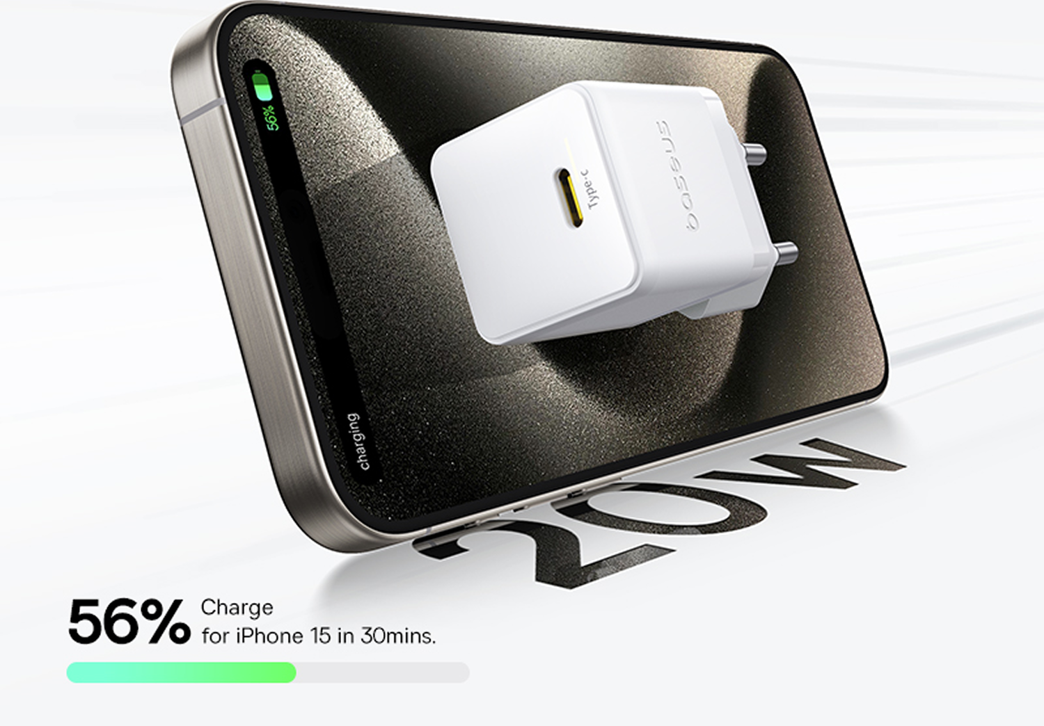 Un teléfono cargando con un cargador blanco. El teléfono muestra un 56% de carga. El texto dice que carga un iPhone 15 en 30 minutos.
