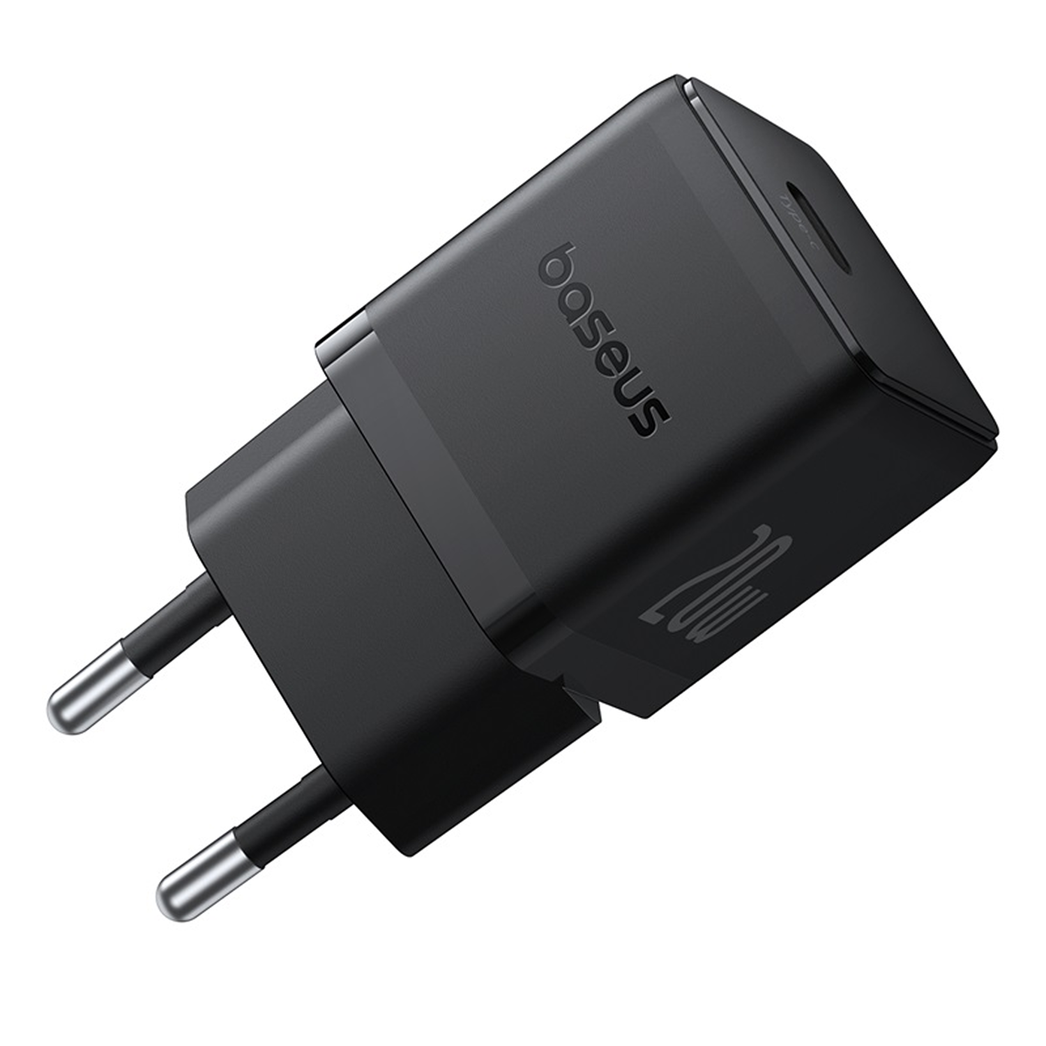 Un cargador Baseus negro de 20W con dos clavijas. El cargador está sobre un fondo blanco. Baseus está escrito en el lateral.