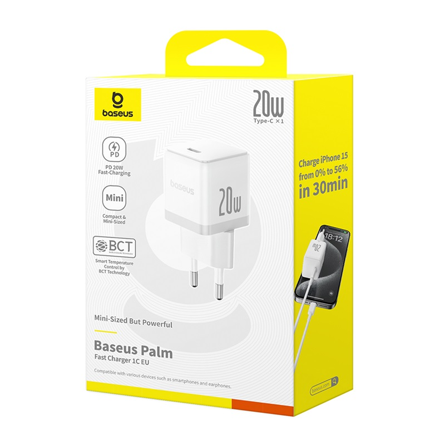 Una caja de cargador rápido Baseus Palm. La caja es amarilla y blanca, mostrando el cargador y un iPhone cargándose.