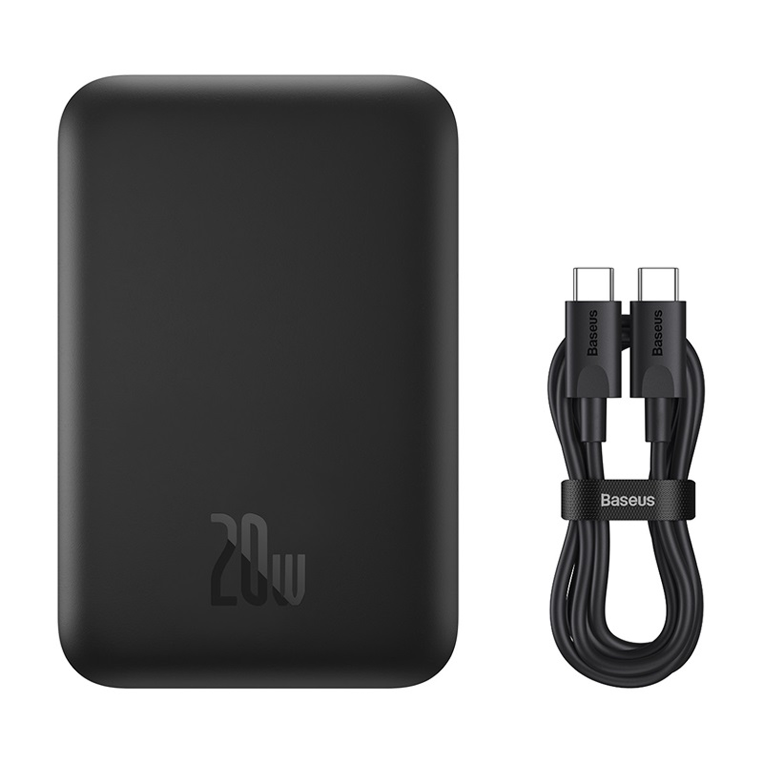 Batería externa negra con impresión de 20W y cable USB-C negro. La batería está a la izquierda, el cable a la derecha.