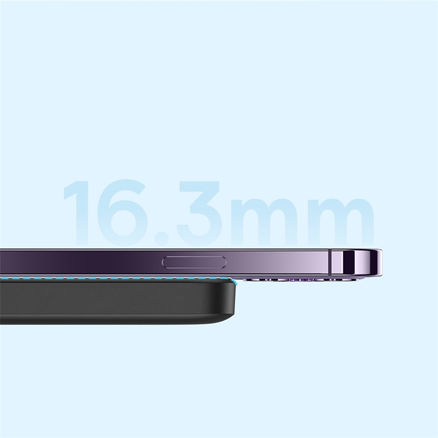 Una vista lateral muestra un teléfono inteligente morado sobre un accesorio negro. El texto '16,3 mm' está en el fondo. El fondo es azul claro.