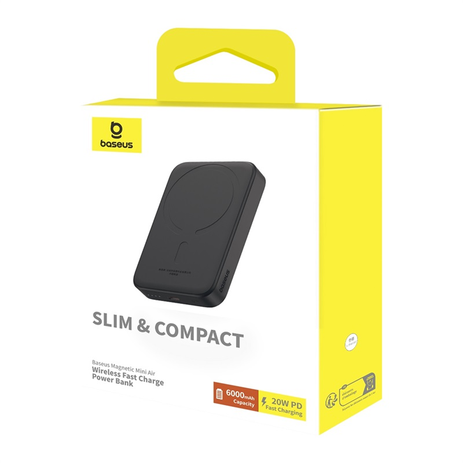 Una caja blanca y amarilla. En el frente, se muestra un cargador inalámbrico negro. Texto: Slim & Compact, Baseus y especificaciones de carga.