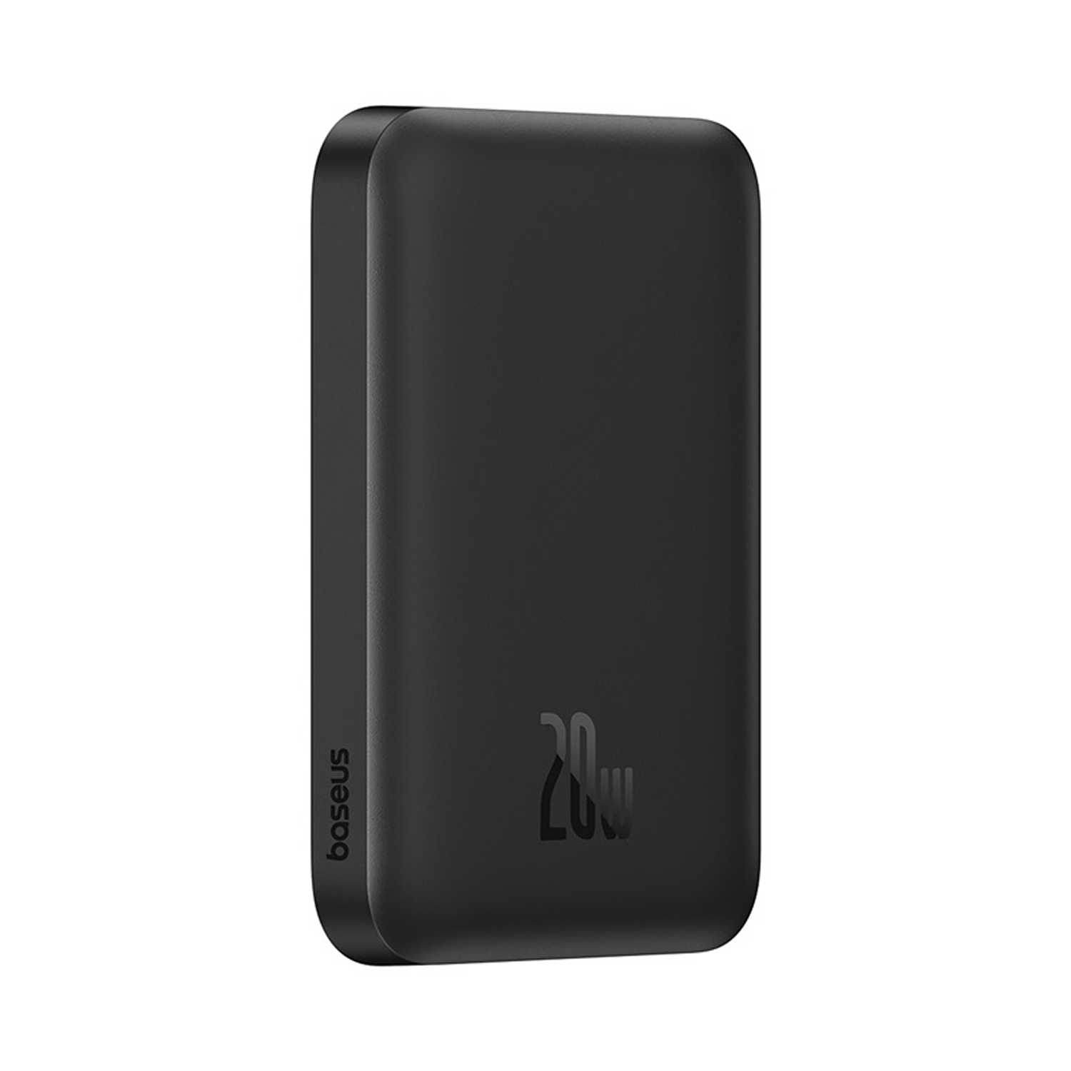 Un power bank Baseus negro de 20W. Tiene bordes redondeados, el nombre de la marca en el lateral y la potencia en la parte frontal.