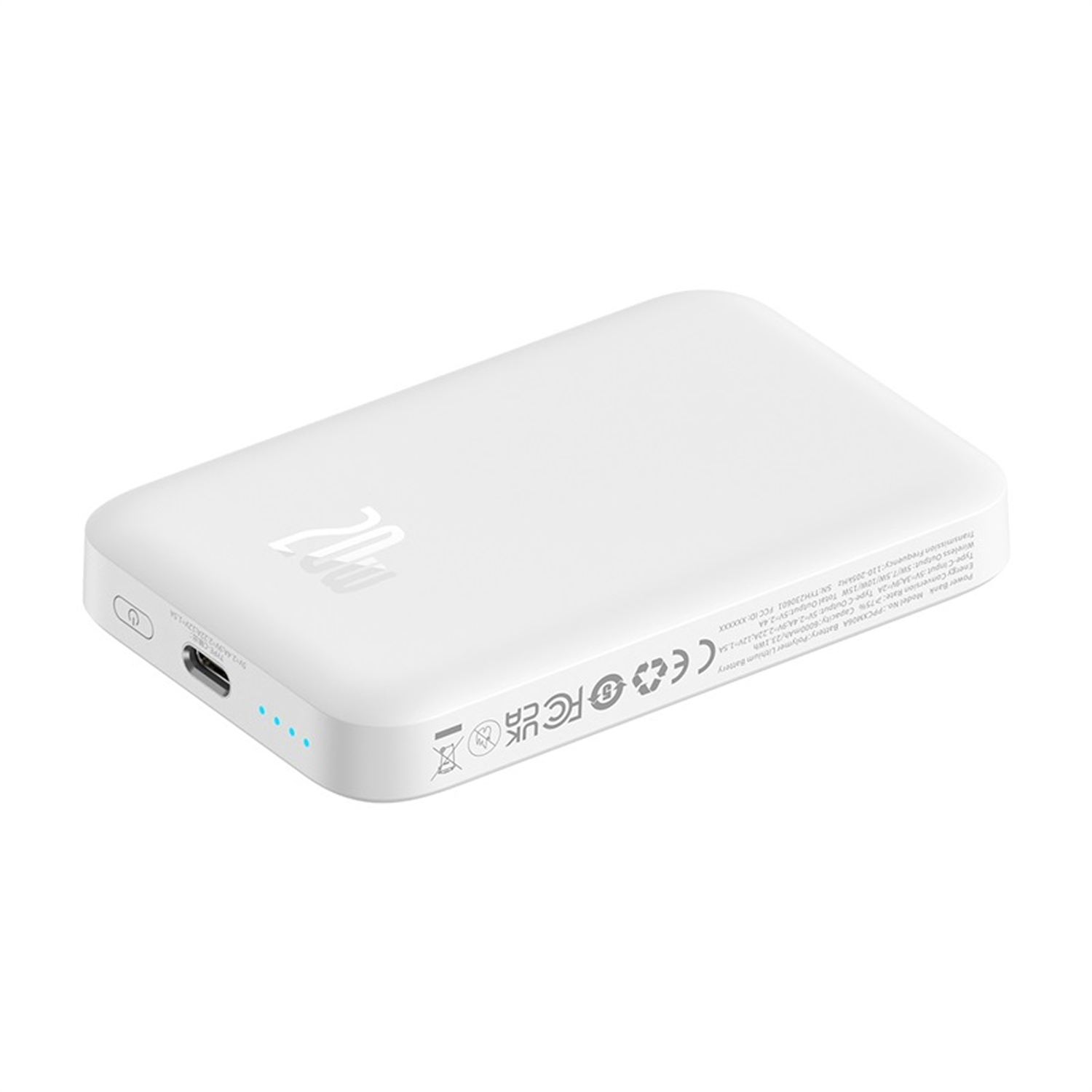Un banco de energía blanco con el número 20. Tiene un puerto USB-C, botón de encendido y cuatro luces indicadoras azules.