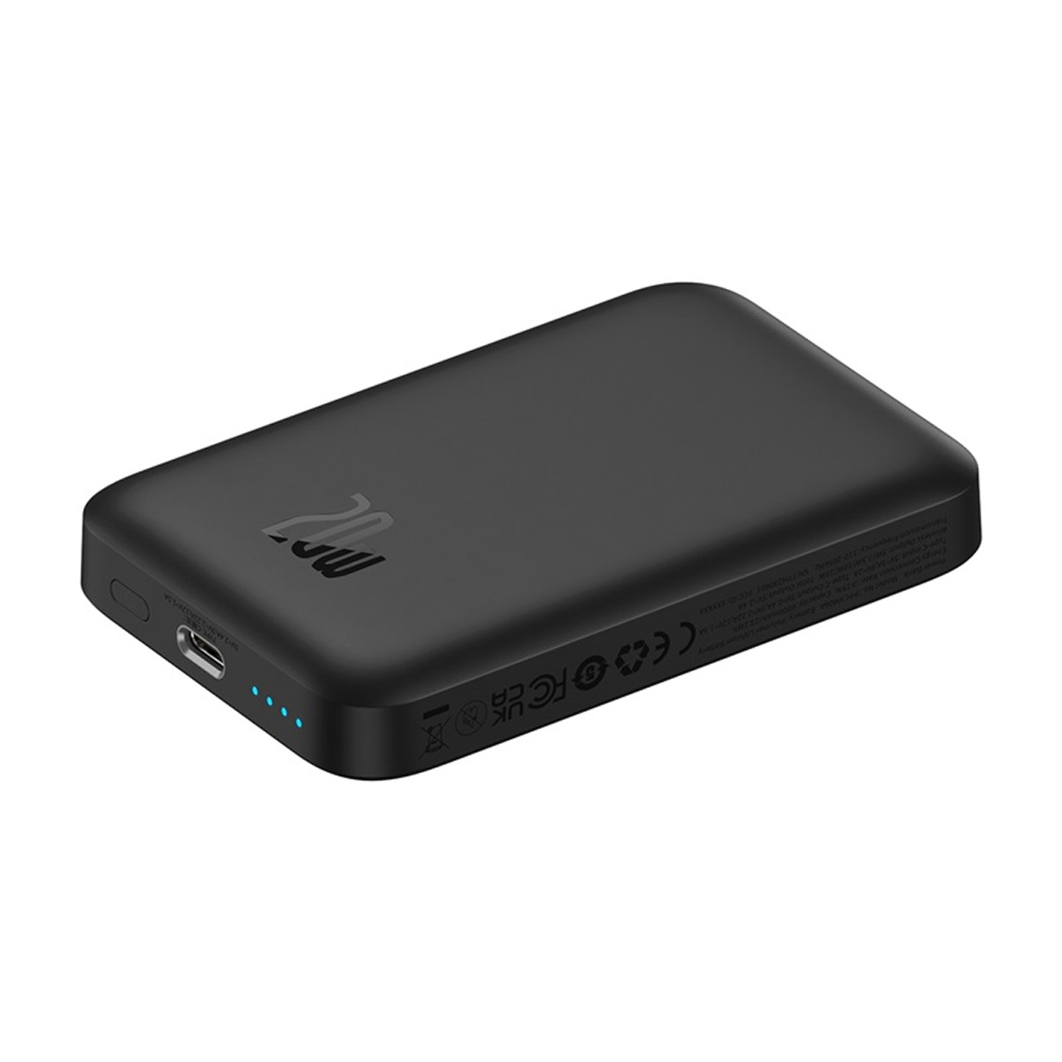 Un banco de energía negro rectangular con bordes redondeados, que muestra un logotipo de 20W. Tiene un puerto USB-C y cuatro luces indicadoras azules.