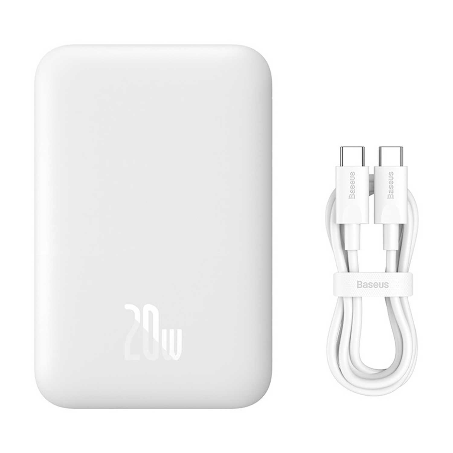 Un banco de energía blanco con una etiqueta de 20W y un cable USB-C blanco, ambos con el logotipo 'Baseus'.