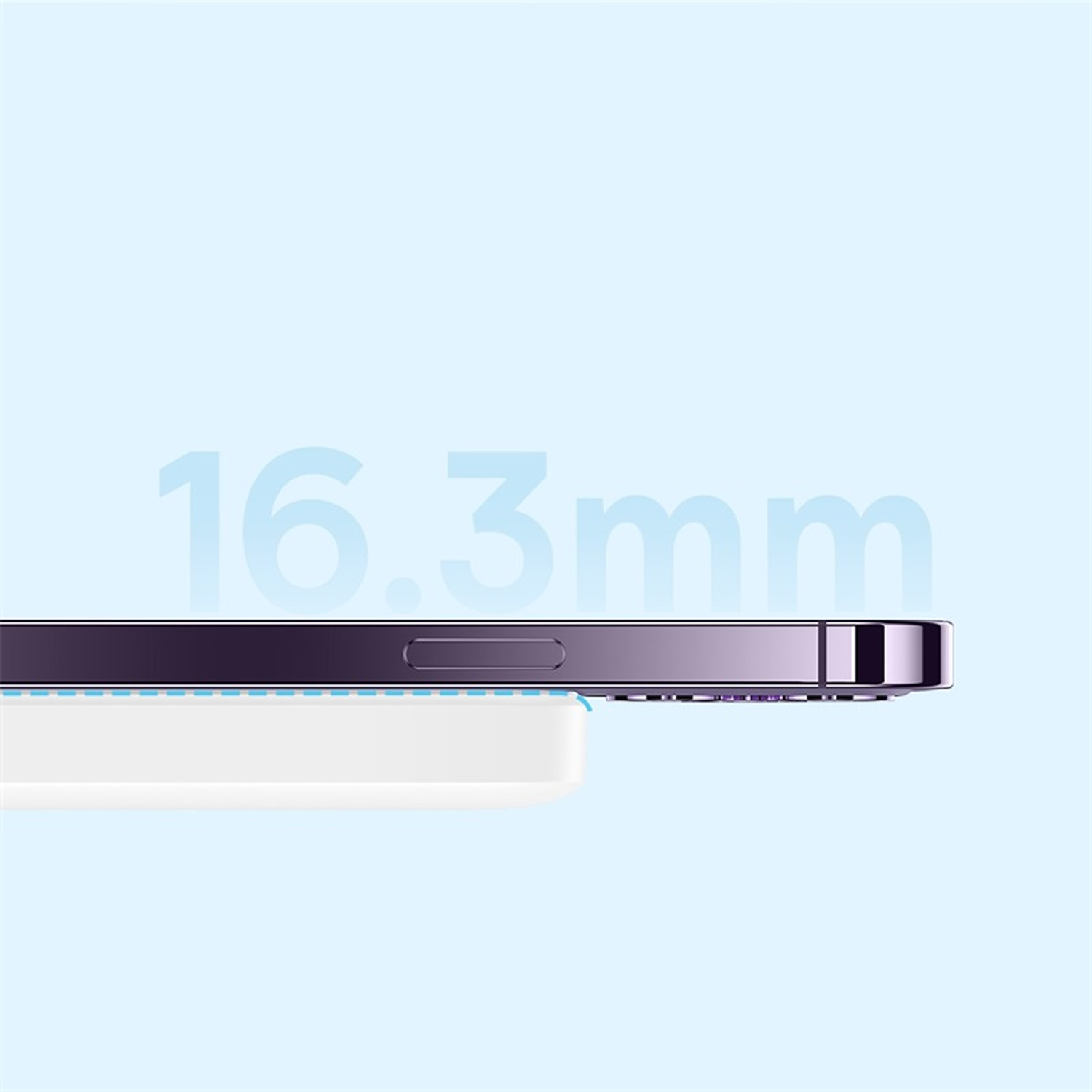 Vista lateral de un smartphone morado sobre un accesorio blanco. El texto '16,3mm' es azul en el fondo, un degradado azul claro.