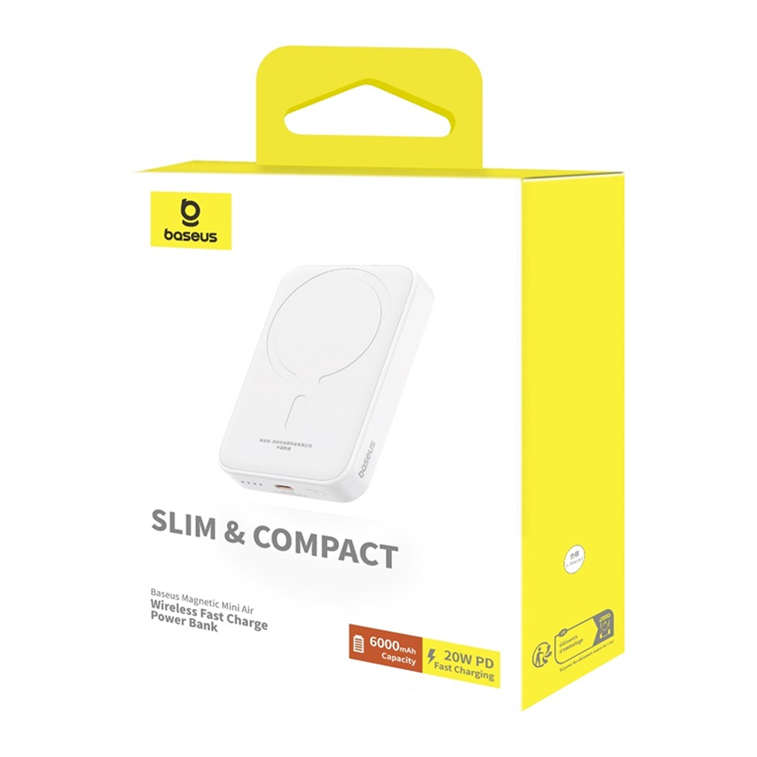 Una caja blanca y amarilla de un banco de energía Baseus. Dice 'SLIM & COMPACT' y 'Wireless Fast Charge'. Tiene 6000mAh de capacidad y 20W PD.