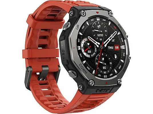 Czerwono-czarny smartwatch z cyfrowym wyświetlaczem. Czerwony pasek i metalowa szara ramka.