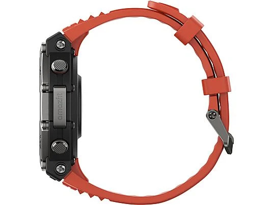 Widok z boku czarnego smartwatcha z pomarańczowym paskiem. Zegarek ma dwa przyciski i markę Amazfit.