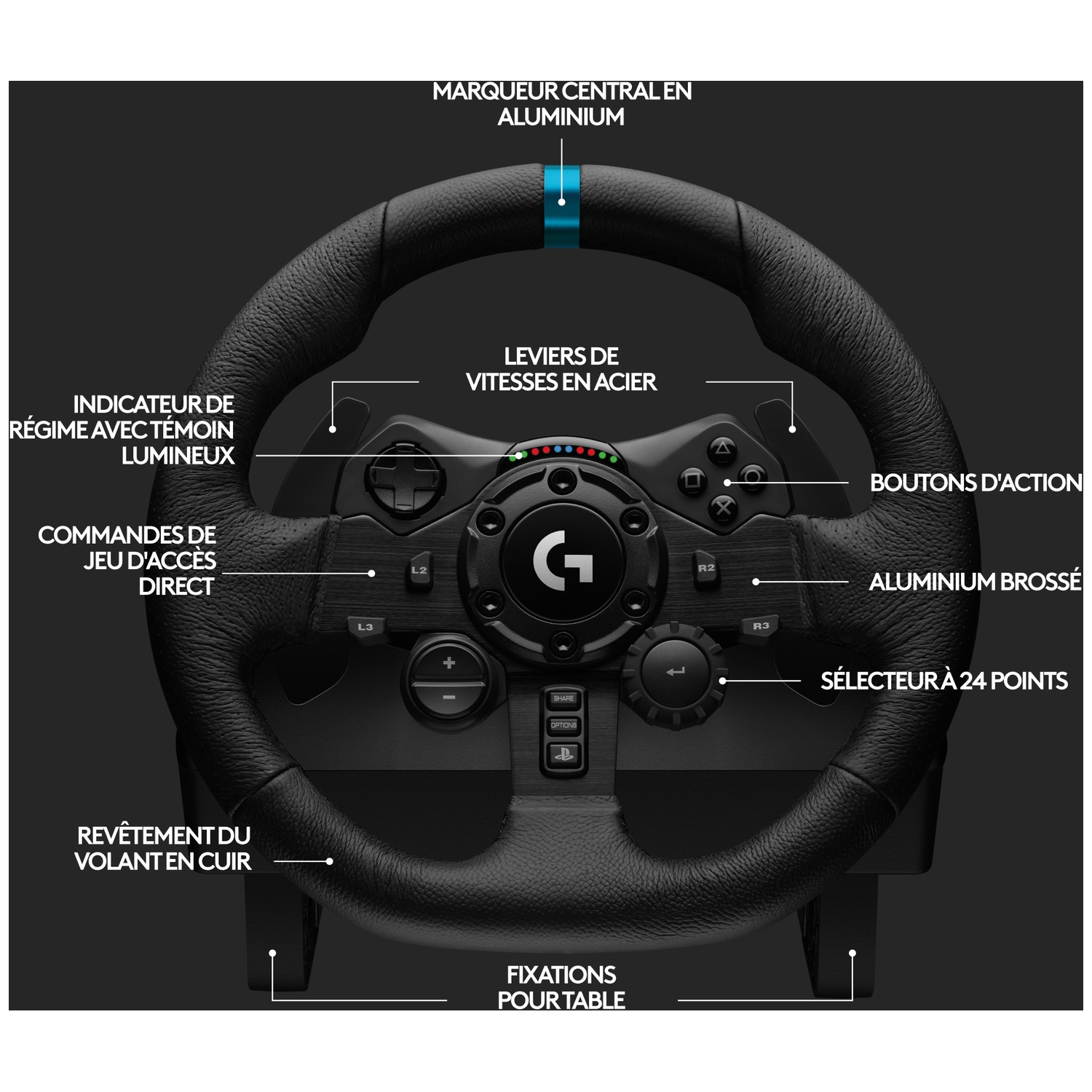 Un volant noir avec boutons, leviers et marqueur central en aluminium. Il a une poignée en cuir et est conçu pour le jeu.