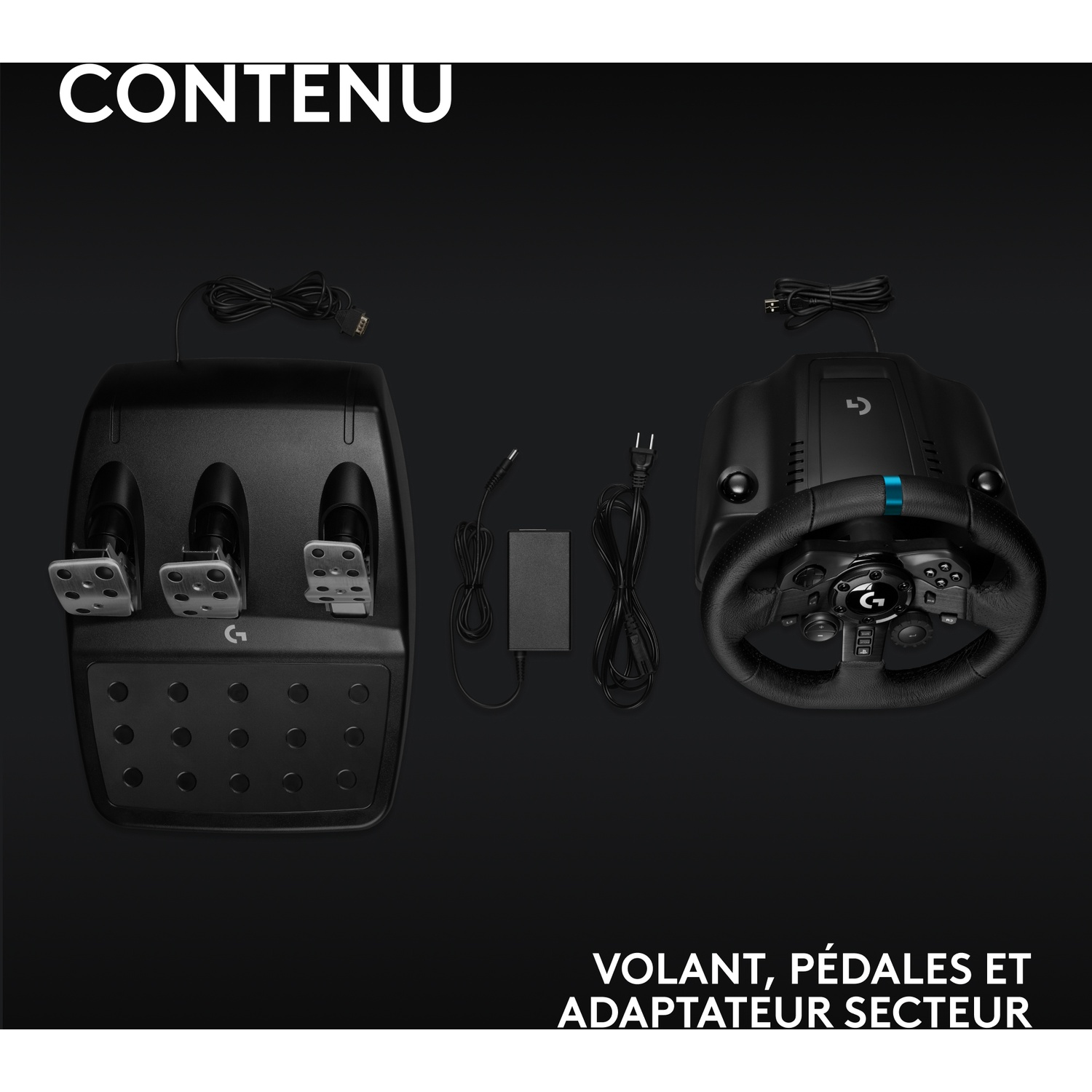 L'image montre un volant noir, des pédales et un adaptateur secteur. Le texte en français dit 'Volant, pédales et adaptateur secteur'.