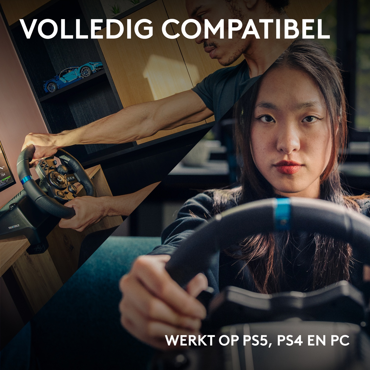 Afbeelding toont twee mensen die stuurwielen vasthouden. Tekst zegt 'VOLLEDIG COMPATIBEL' en 'WERKT OP PS5, PS4 EN PC'.