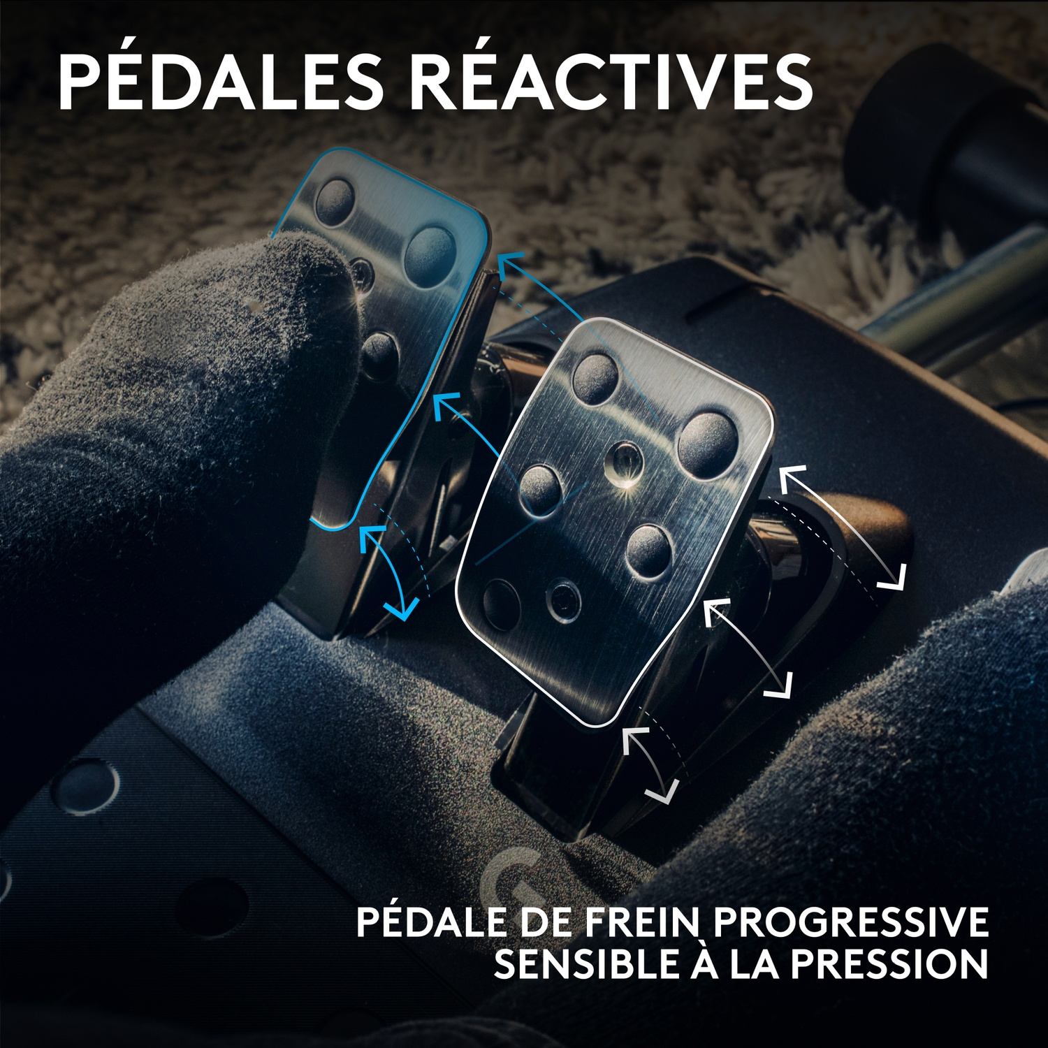 L'image montre des pédales de course. Le texte dit 'Réactives Pedals' et 'Progressive Brake Pedal'. Les flèches indiquent la sensibilité à la pression.