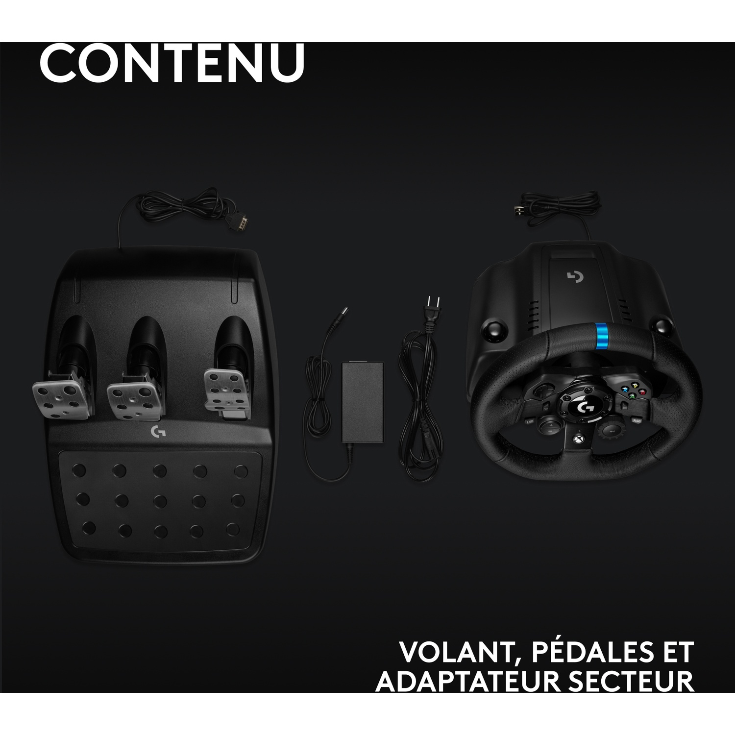 Volant, pédales et adaptateur secteur noirs sur fond noir. Texte : 'CONTENU' et 'VOLANT, PÉDALES ET ADAPTATEUR SECTEUR'.
