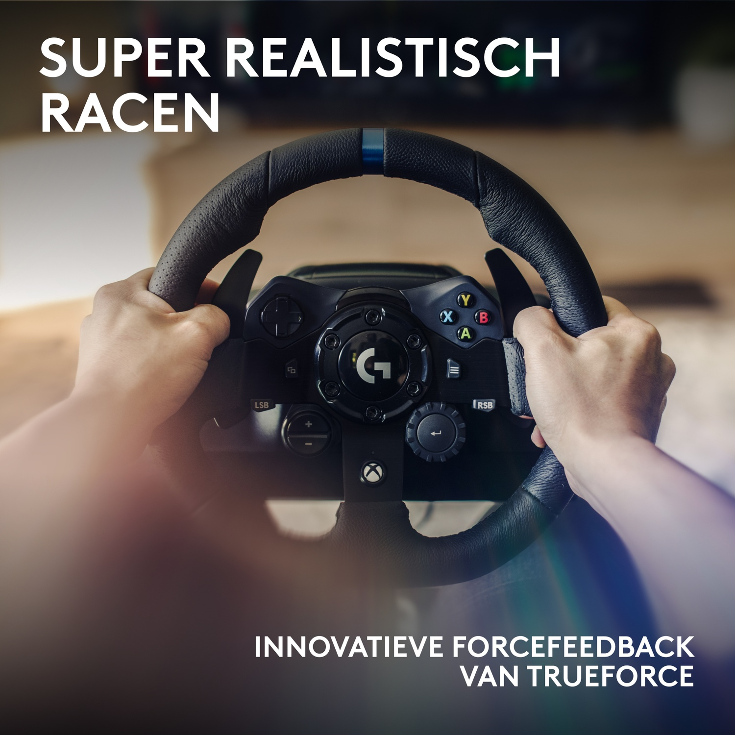 Hands holding a black steering wheel, with buttons and logos. Text at the top says 'SUPER REALISTISCH RACEN'. 