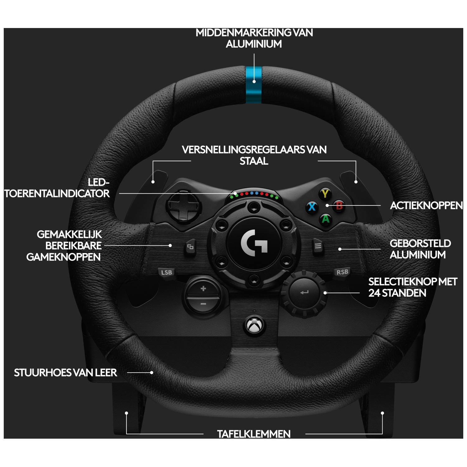 A close-up of a black racing wheel with various buttons, a blue stripe, and leather detailing, against a dark background.