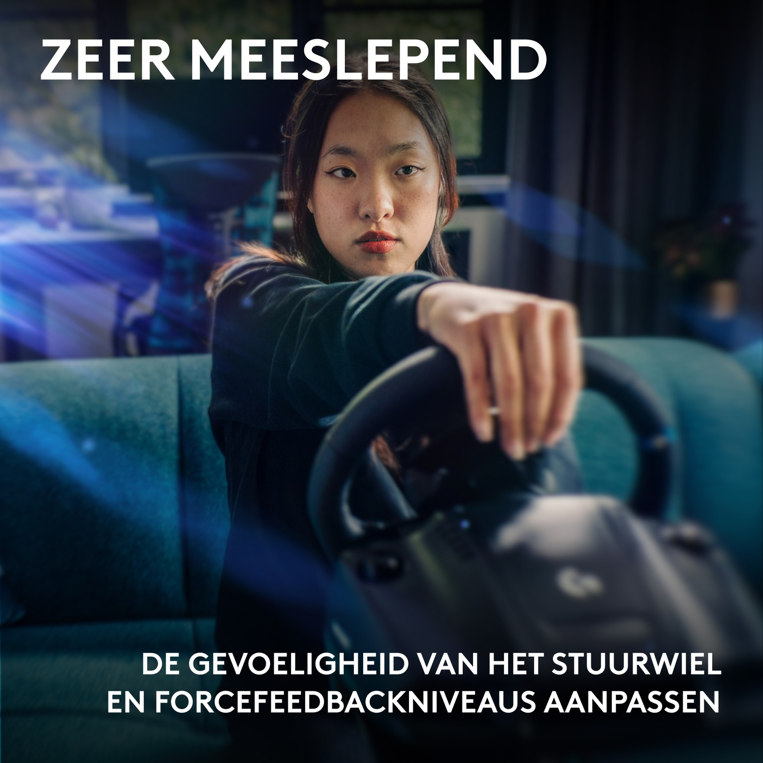 A young woman holds a steering wheel. Text says 'very immersive'. Bottom text: 'Adjust the sensitivity of the steering wheel and force feedback levels'.