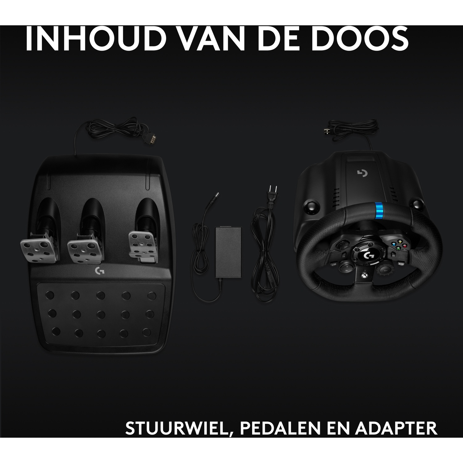Image shows a steering wheel, pedals, and adapter. All black, with silver accents. The text 'INHOUD VAN DE DOOS' is at the top.