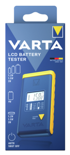 Ein Varta LCD-Batterietester in einer blauen Box mit gelben Akzenten. Der Tester zeigt 1,58 V an. Verschiedene Batterietypen und -spannungen sind aufgelistet.