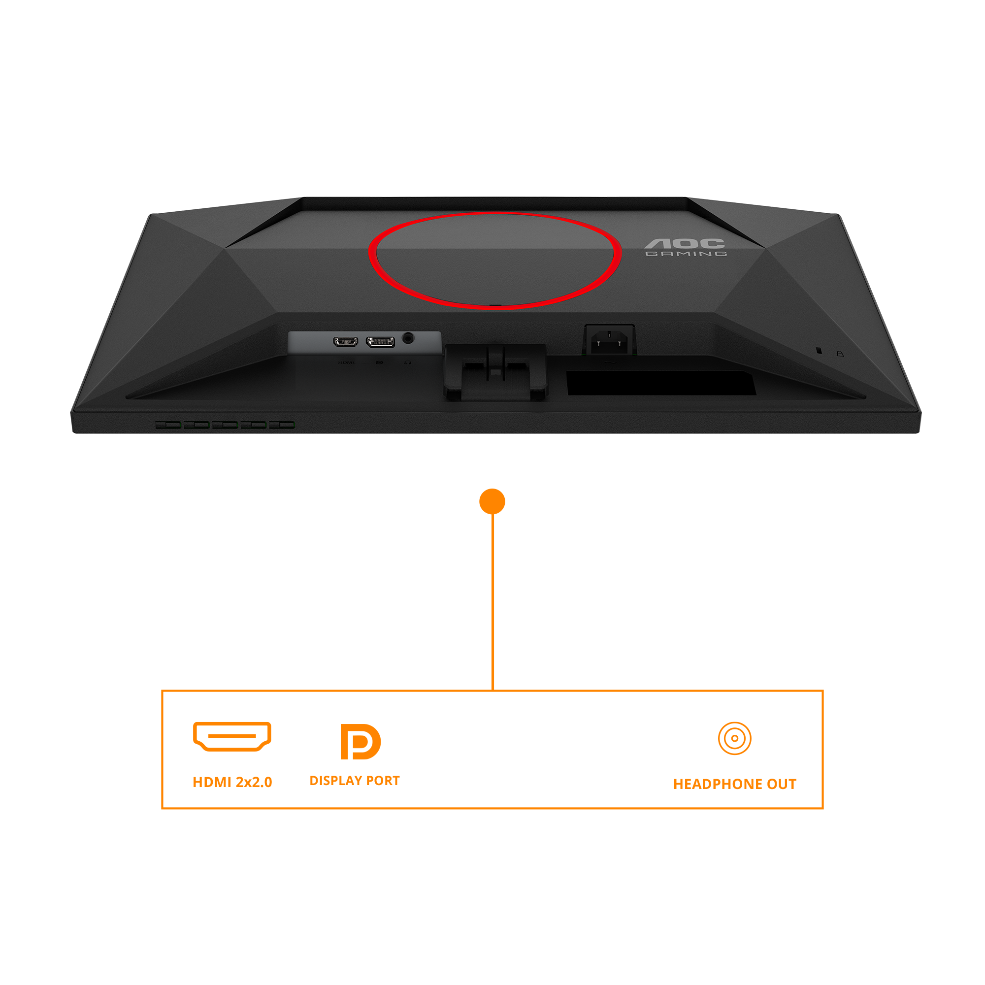 Parte trasera de monitor gaming AOC negro con puertos. HDMI, DisplayPort y salida de auriculares etiquetados.
