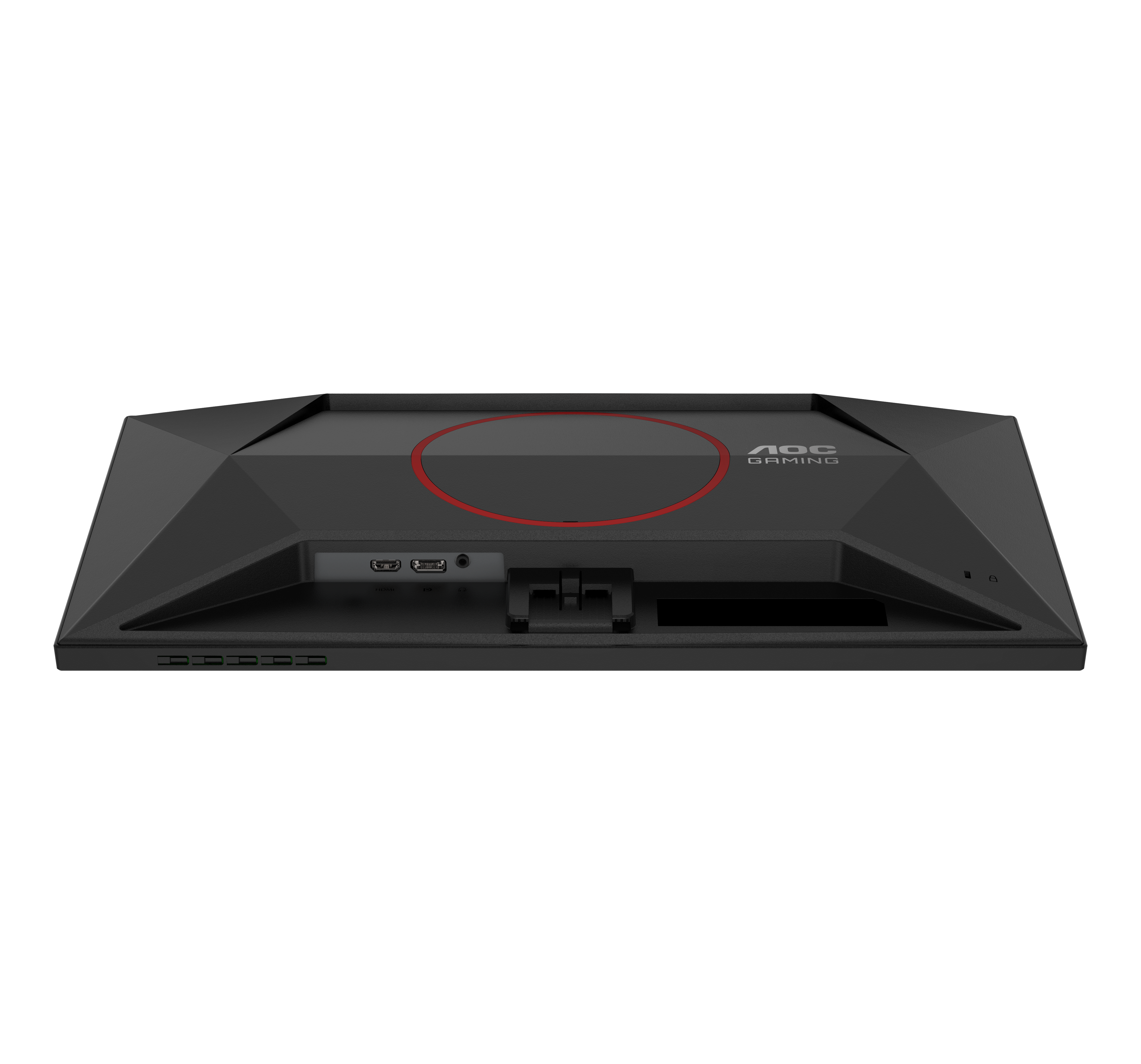 La parte trasera de un monitor gaming AOC negro. Tiene puertos, un círculo rojo y el logotipo de AOC Gaming.
