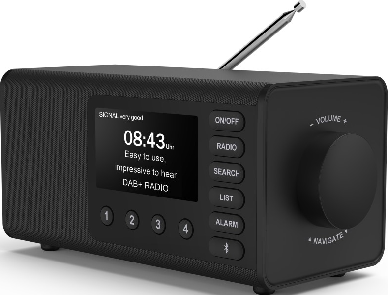Schwarzes DAB+-Radio mit Digitalanzeige. Es hat Funktionstasten und einen Lautstärkeregler. Oben befindet sich eine Antenne.