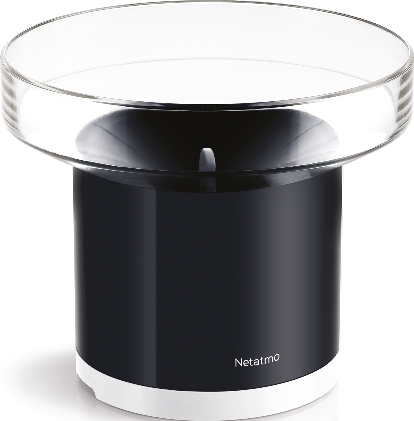 Une station météo moderne avec un dessus en verre transparent, un corps noir et une base blanche. La marque 'Netatmo' est imprimée.