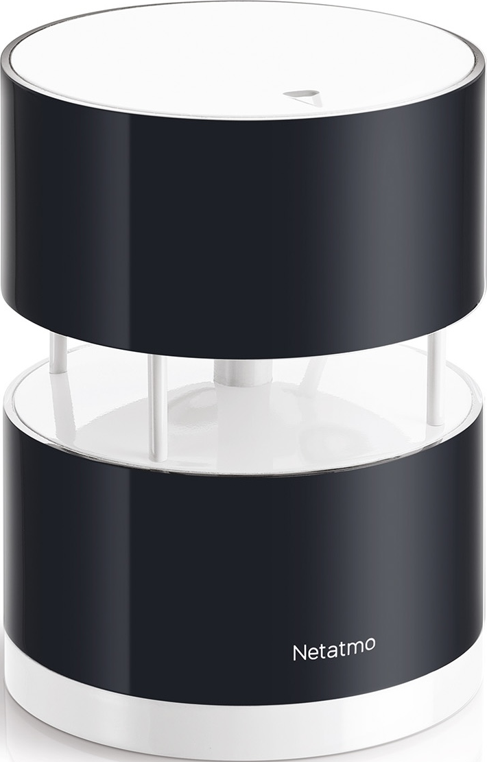 Un appareil Netatmo cylindrique. Il a une bande noire entre les parties supérieure et inférieure blanches, avec des supports blancs à l'intérieur.