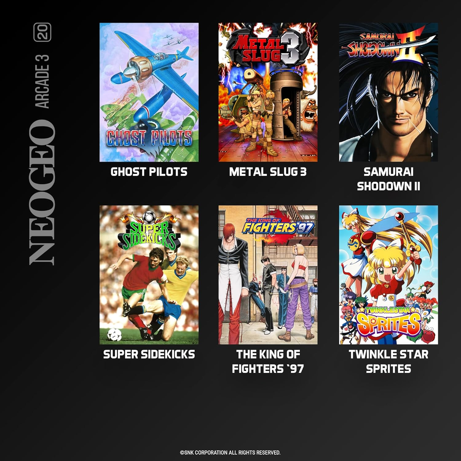Das Bild zeigt sechs Spielcover: Ghost Pilots, Metal Slug 3, Samurai Shodown II, Super Sidekicks, The King of Fighters '97 und Twinkle Star Sprites.