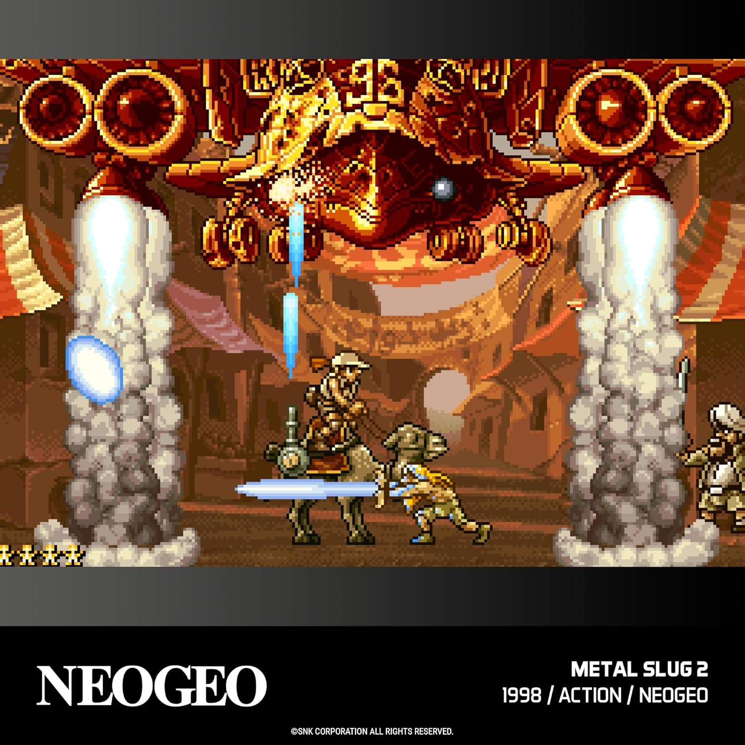 Scène du jeu Metal Slug 2. Une grande machine de guerre tire. Des soldats à dos d'âne et à pied se battent dans une ville déserte.
