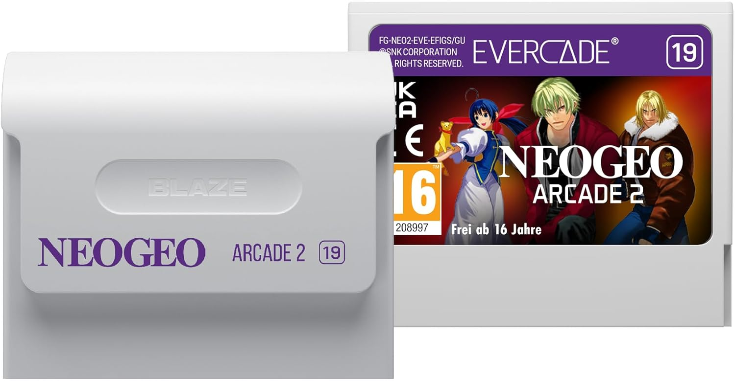 Une cartouche Evercade pour Neo Geo Arcade 2, avec des personnages de jeu et une cartouche blanche. Inclut le numéro 19.