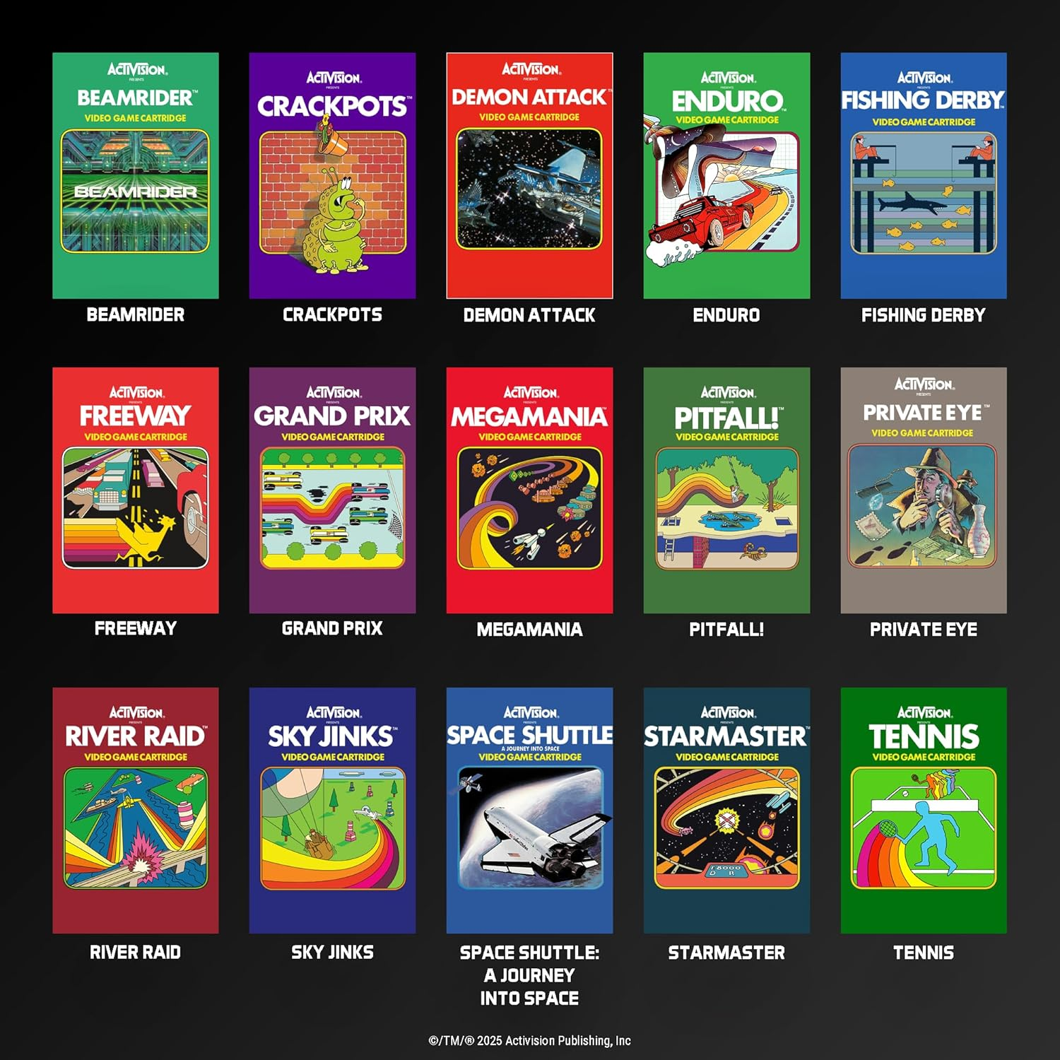 Collection de cartouches de jeux Activision. Titres incluant Beamrider, Crackpots, Demon Attack, Enduro, Fishing Derby, et plus encore.